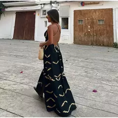 Vestido dividido sem costas sem mangas estampado feminino, sexy com decote em v, vestidos de cintura alta, férias na praia, verão, 2024