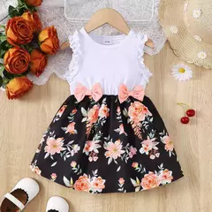 Vestidos estampados florais sem mangas com arco para criança, roupas de verão, estilo pastoral, festa de casamento, 0 a 3 anos