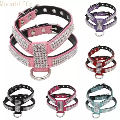 Coleira para cães, cinta peitoral ajustável, produtos para animais de estimação, coleira para cães, liberação rápida, brilhante, em forma de k, strass, couro pu