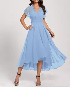 Imagem do Sexy cruz de volta vestido longo com decote em v vestido multi-way usar poliéster chiffon cintura alta a-line saia confortável estilo casual