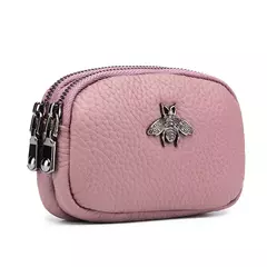 Mulheres couro de vaca com zíper duplo Carteiras Bolsa, Bee Cartão Hole Bag, Batom Case, Couro Mini fone de ouvido Coin Purse, feminino - loja online
