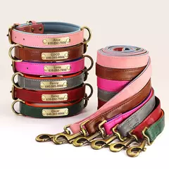 Coleira de identificação de cachorro personalizada com coleira macia acolchoada de couro PU conjunto de coleira e coleira anti-perda para cães pequenos, médios e grandes