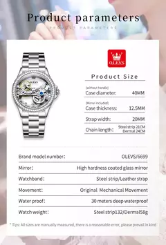 OLEVS Relógio Mecânico Automático para Mulheres, Relógio Transparente, Big Dial Design, Bracelet Set, Presente de Luxo, 40mm, 6699