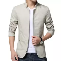 Blazer casual masculino com gola de suporte, jaqueta de negócios elegante, casaco monocromático com bolsos de zíper fino e fino, primavera e outono na internet