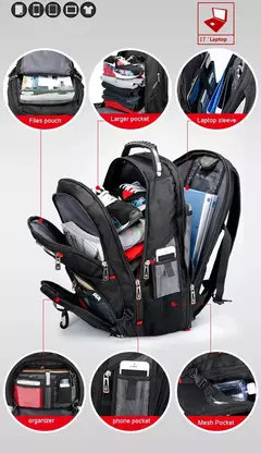 Durável Swiss Multifuncional Laptop Mochila, Resistente À Água Saco De Viagem, Faculdade Bookbag, Porta De Carregamento USB, 17";;VERDADEIRO;;"15 inch General
