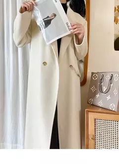 Imagem do Casaco de alpaca de lã feminino, jaquetas de lã, trespassado duplo, gola de terno, solto, Casacos longos, senhora do escritório, outono, inverno, 2022