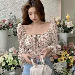 Imagem do Camisa feminina de gola quadrada, manga folhada sensual, tops vintage com estampa floral, camisa que combina com tudo, primavera e verão