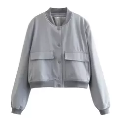 Jaqueta Bomber Cropped feminina, Casaco de manga comprida, Beisebol de botões, Casaco Aviador, Preto, Branco, Outono, Inverno - comprar online