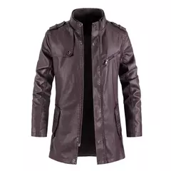 Imagem do Inverno casaco de lã grossa casaco de couro longo outwear moda quente casual vintage roupas para homem steampunk biker jaqueta