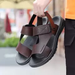 Chinelos de couro confortável masculino, sandálias masculinas de lazer, férias na praia, ao ar livre, retrô, casual, verão