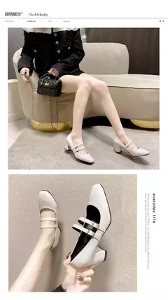 Sapatos Mary Janes de fivela dupla feminina, couro envernizado, cabeça quadrada, salto quadrado, cor sólida, primavera, outono, 2022
