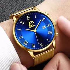 Imagem do Homens de aço inoxidável malha cinto relógio de quartzo, calendário relógios, colar masculino, relógio de pulso, ouro, luxo, negócios, moda, 2pcs set