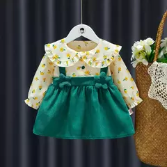 Outono novas meninas recém-nascidas vestido de manga longa dos desenhos animados fragmentado flor lapela bebê vestido de princesa flor cinta vestido na internet