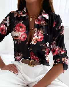 Camisa de manga comprida feminina estampada, blusa casual, polo floral, top de primavera e outono, nova moda, escritório, 2024