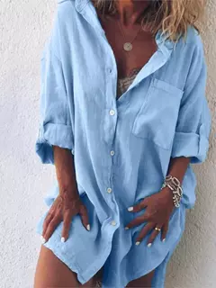 Bolso de linho algodão feminino, botão de praia, manga comprida, confortável, plus size, casual, roupa de verão, nova moda