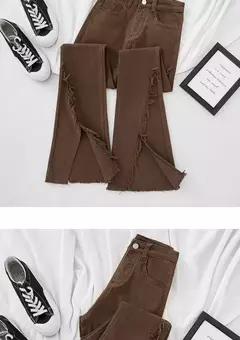 Fenda Lateral Micro Flared Jeans, Jeans de Cintura Alta, Calças Franjas Emagrecedoras, Cor Café, Fundo de Sino, Marrom, Novo, Primavera, Outono, 2022 - loja online