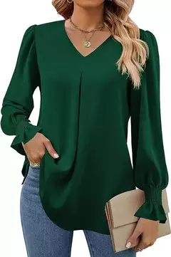Nova camisa feminina de chiffon de cor sólida com decote em v pulôver queimado manga comprida camisa superior senhora do escritório elegante cáqui blusas soltas - loja online