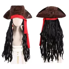 Adulto masculino caribe pirata chapéu peruca halloween palco desempenho pirata capitão traje peruca acessórios de festa jack sparrow peruca
