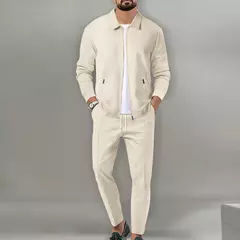 Conjunto de duas peças de waffle masculino, zíper de lapela, casaco monocromático, confortável casual, primavera e verão, best-seller
