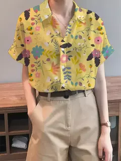 Camisa feminina colorida em 3D com estampa floral, tops de manga curta, botão, gola elegante, primavera e outono, 2024