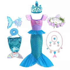 Meninas roxo-azul sereia ariel cosplay vestido de halloween vestido de festa de aniversário meninas praia vestido de férias - loja online