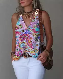Camisola de alças sem mangas estampada listrada feminina, gola em v com fivela de metal, pulôver solto, blusa feminina, verão, 2024 - Wolf Magazine