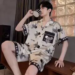 Pijama de seda gelo de duas peças masculino, shorts de manga curta, seção fina, estudante, terno homewear adolescente, verão, novo - loja online