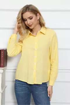 Lazer Branco Amarelo Camisas Botão Lapela Cardigan Top Lady Loose Long Sleeve Oversized Camisa Mulheres Blusas Outono Blusas Mujer - loja online