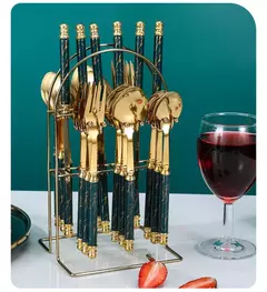 Louça de aço inoxidável com contas duplas, Rack com alça de plástico, faca de bife, garfo e colher, presentes high-end, 24PCs
