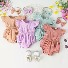 Macacão e cabeça de arco estampados em flores, confortável, fofo, multicolorido, bebê menina, moda verão, 0-2 anos de idade, 2 peças - Wolf Magazine