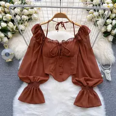 SINGREINY-Blusa Chiffon de Manga Flare para Mulheres, Tops Ruffle, Cintura Elástica Sólida, Halter Backless, Slim Ladies, Harajuku Sexy Blusa Curta