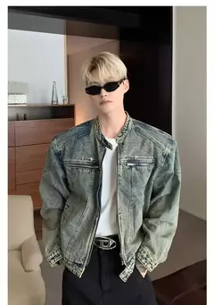 Imagem do Jaqueta jeans de rua masculina, vintage lavada, jaqueta de caubói angustiada, streetwear casual, primavera, novo, estilo americano, zíperes