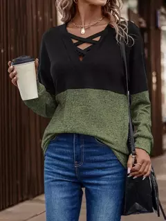 Camisas femininas coloridas com decote v, camiseta de manga comprida, tops casuais da moda, pulôver primavera e outono - loja online