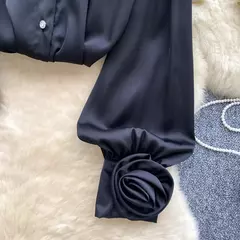 Elegante cetim tridimensional flor manga longa lapela blusa chique vintage moda colheita topo feminino camisas de outono roupas - comprar online