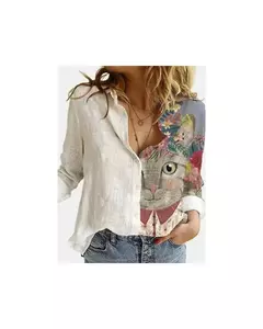 Camisa de manga comprida estampada de gato animal feminino, blusa solta, Tops, Fashion, 8936, 2024 - loja online