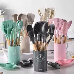 Conjunto De Panelas De Silicone Antiaderente, Utensílios De Cozinha, Espátula, Pá, Batedores De Ovo, Cabo De Madeira, Ferramenta De Cozinha, Utensílios De Cozinha, 12Pcs - comprar online