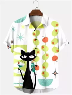 Imagem do Camisa havaiana dos desenhos animados de anime masculino, Tops de manga curta, roupas casuais masculinas, rua, animais, gatos, retrô, 3D Tees, verão