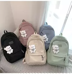 Mochila de grande capacidade para estudante, bolsa simples e versátil para menina, material poliéster unissex, decoração de boneca japonesa na internet