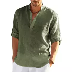 Camiseta de linho manga comprida masculina, monocromática, solta, casual, respirável, camisas de algodão, streetwear leve, designer, nova