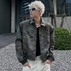 Jaqueta de couro PU recortada masculina, colarinho virado para baixo na moda, cor gradiente, casaco retrô com zíper, outwear de motocicleta masculina, primavera - loja online