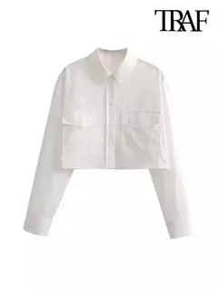 Imagem do TRAF-camisas popeline soltas para mulheres, manga comprida, blusas femininas com botões, tops chiques, vintage e na moda