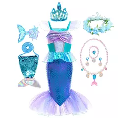 Meninas roxo-azul sereia ariel cosplay vestido de halloween vestido de festa de aniversário meninas praia vestido de férias - comprar online