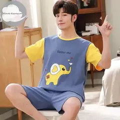 Conjunto pijama masculino de malha de algodão, conjunto de pijamas manga curta, terno letra, Homewear masculino, tamanho XL a XXL, verão - loja online