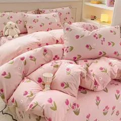 Conjunto de cama infantil com 3 peças, colcha rosa, capa de edredão floral vegetal, padrão de gato, desenhos animados fofos, conjunto de cama para meninas, decoração do quarto na internet