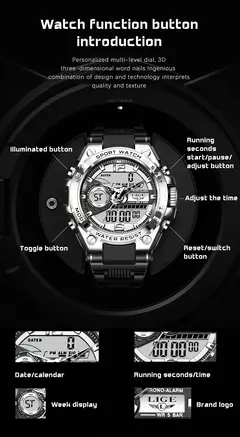 LIGE-Relógio Militar Impermeável Masculino, Digital 50m, Relógio de Pulso, LED, Quartzo, Relógio, Esporte, Masculino, Relógios Grandes - comprar online