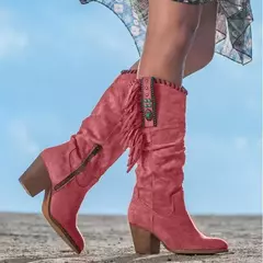 Botas altas de dedo apontado retrô para mulheres, borla, fivela de metal, salto grosso, vaqueiro ocidental, sapatos femininos, tendência, 2024 na internet