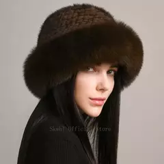 Chapéu de pele de vison genuíno para mulheres gorro de malha natural de luxo chapéu de malha artesanal pele de raposa real moda inverno quente, novo na internet