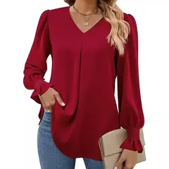 Nova camisa feminina de chiffon de cor sólida com decote em v pulôver queimado manga comprida camisa superior senhora do escritório elegante cáqui blusas soltas na internet
