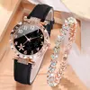Conjunto de braceletes de coração strass feminino, relógio de pulso quartzo feminino, mostrador flor, pulseira de couro, 2 peças por conjunto