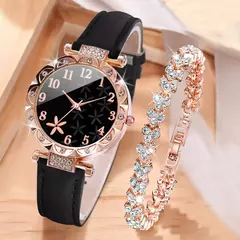 Conjunto de braceletes de coração strass feminino, relógio de pulso quartzo feminino, mostrador flor, pulseira de couro, 2 peças por conjunto - comprar online